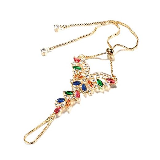 Boho Butterfly Finger Ring Bracelet for Women Girls 14K Gold Plated Colorful Cubic Zirconia Slave Hand Chain Harness Bangle Gypsy Bollywood Wedding Birthday Christmas Party Y2K Jewelry Delicate Gift 1 PC