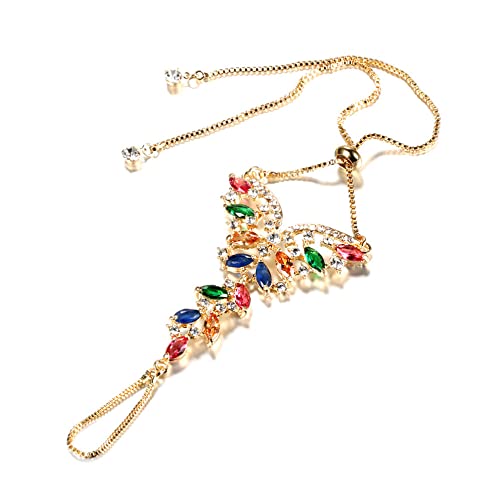 Dtja Boho Butterfly Finger Ring Bracelet for Women Colorful Cubic Zirconia Slave Hand Chain Harness Bangle Gypsy Bollywood Wedding Birthday Christmas Party Y2K Jewelry Delicate Gift