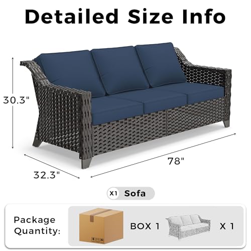 MeetLeisure 77'' Patio Sofa, All Weather Outdoor Rattan Wicker 3-Seat Sofa High Back Couch with Premium Cushions for Garden Backyard Porch(Brown/Navy)