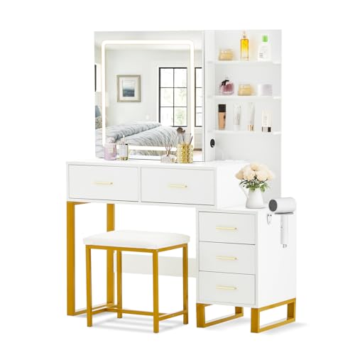 LEMROE Tocador con Espejo LED y Taburete Acolchado, 3 Luces Ajustables, 5 Cajones, Estantes Ocultos, Soporte para Secador, 2 Enchufes y 2 USB (5 cajones - Tiras LED)