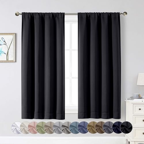 WelvetBLK Black Blackout Curtains for Bedroom Living Room 54 Inch Length 2 Panels Set, Soft Solid Thermal Insulated Room Darkening Curtains Drapes, Modern Rod Pocket Design, Black, 2PCS Each 40