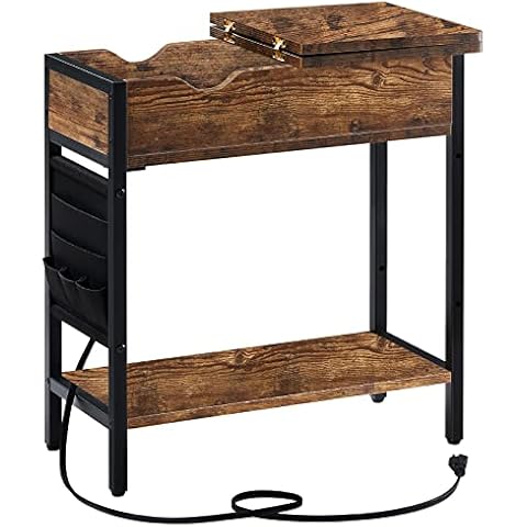 Apicizon End Table with 2 USB Ports and 2 Power Outlets Charging Station, Flip Top Side Table with Storage Space and Black Bag Nightstand for Living Room Bedroom, Rustic Brown Cover