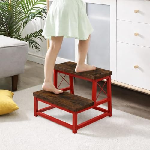 Image of 82984 Heavy Duty Wooden Step Stool for Adults, 2 Tier Heavy Duty Step Stool for High Bed with Non-Slip Feet, Using for Bedroom, Living Room, Bathroom and Kitchen (Red)