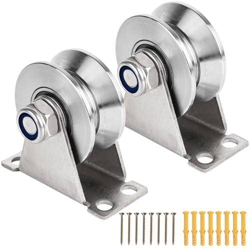 Groove Pulley Wheel for Rope Wall Mounted 2 Pack Stainless Steel Super Silent Cable Pullys Wheels System V Type Blocks Rollers Detachable Duplex Bearing for Gym Equipment Sliding Gate (with Screws)