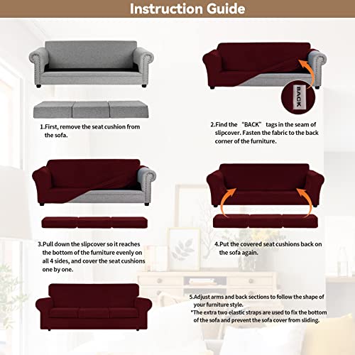 Weerrw Velvet High Stretch Couch Covers For 3 Cushion Couch Sofa Slipcovers, Washable Furniture Protector With Non Slip Elastic Bottom, Feature Soft And Thick Plush Fabric, Burgundy, Large #TOP5