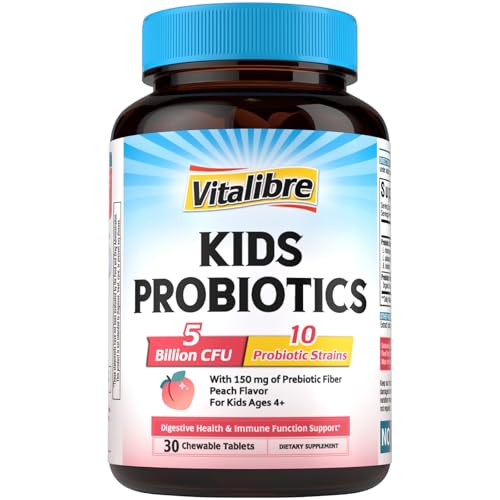 Vitalibre Kids Probiotics Chewable, Ages 4+, 5 Billion CFU, 10 Probiotic Strains with Prebiotics, Support Digestive & Immune Health, Shelf Stable, No Gluten or Dairy, Peach Flavor, 30 Count