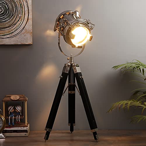 Image of Vintage Tripod Floor Lamp with Adjustable Wooden Stand & Metal Spotlight Head - Industrial Style Home Decor Lighting for Living Room, Bedroom, Office - 98 CM Height (Leo Nickle)