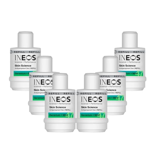 INEOS Skin Science - All Day + All Night 24H Freshness + Protection Antiperspirant Deodorant Roll On Refill Geranium + Mint - With SkinActiv Cooling Tech™ - Plant Powered. 50ml x 6