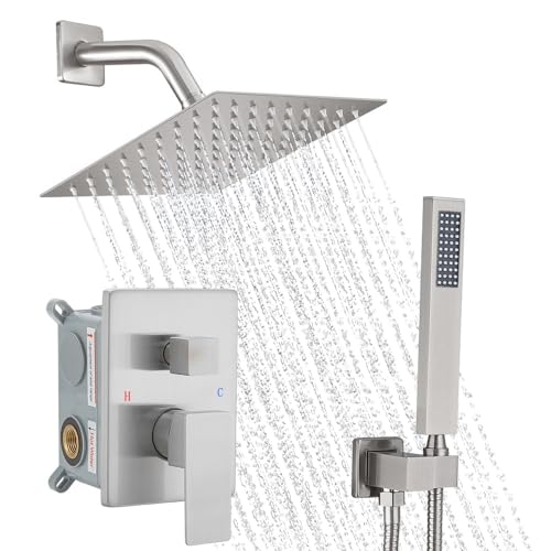 Image of Brushed Nickel Shower System, 8 Inch High Pressure Rain Shower with Handheld, Wall Mount Shower Faucet Set for Bathroom, Rough-in Valve Body and Trim Included