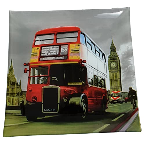 Lot De 6 Grandes Assiettes Plates En Verre - Motif Londres - Forme Carrée 30 x 30 cm - Couleur gris, rouge - Service À Vaisselle Pour La Maison - Très Joli Design Élégant thème City London Angleterre