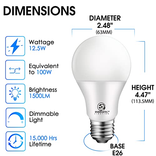 Energetic 6-Pack Dimmable Led Light Bulbs 100 Watt Equivalent, 1500 Lumens 12.5W, Warm White 3000K, E26 Led Bulb, 15000 Hrs, Ul Listed #TOP1