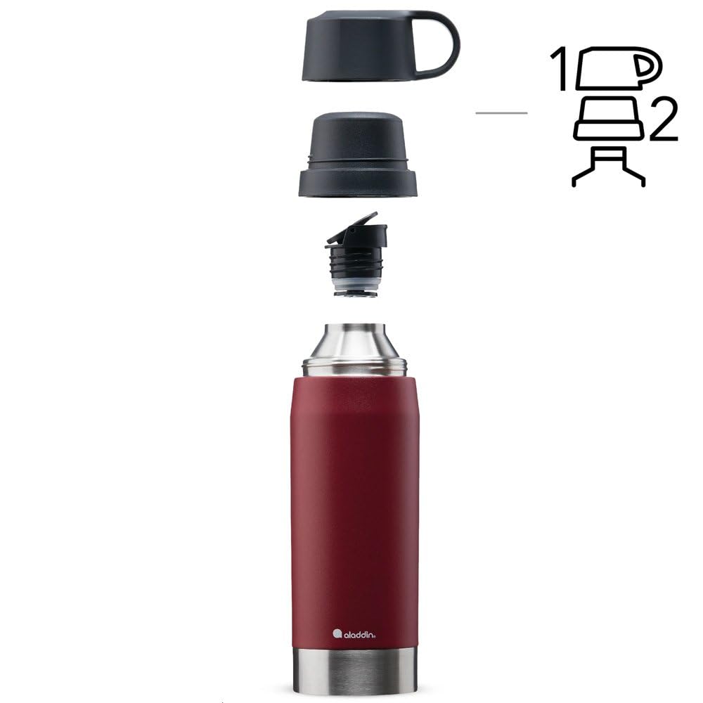 Aladdin CityPark Thermavac Twin Cup Bottle 1.1L Burgundy Red – BPA FREE Stainless Steel Bottle with Built in Twin Cup - Keeps Cold or Hot for 25 Hours - Leakproof - Dishwasher Safe | Thermoskanne, doppelwandige Vakuumisolierung, auslaufsicher, spülmaschin