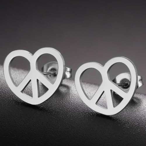 Stainless Steel Heart Shaped World Peace Sign Stud Earrings3