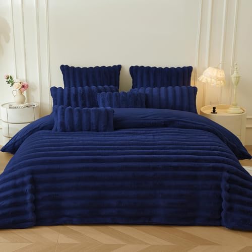 MEGO 3 PCS Plush Duvet Cover Set Queen, Ribbed Faux Rabbit Fur, Navy Blue