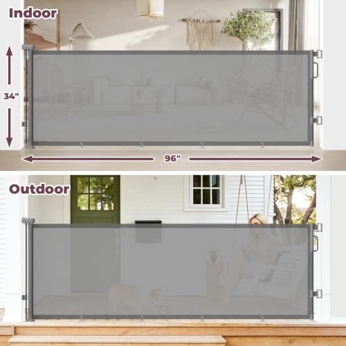 Image of 96 inch Retractable Baby Gate, Long Mesh Dog Gate for Garage Deck Porch | Strong Suction Disc Prevent Crawling Under, 34 inch Tall Child Safety Gate for Large Openings, Indoor Outdoor Use, Gray