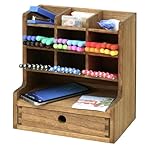 KIRIGEN Wood Desk Pen Holder Organzier with Drawer Multi Functional Pens Storage Organizer with 9 Compartments for Home, Office and Desk Accessories BJH9G-DBR