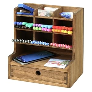 KIRIGEN Wood Desk Pen Holder Organzier with Drawer Multi Functional Pens Storage Organizer with 9 Compartments for Home, Office and Desk Accessories BJH9G-DBR