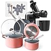 Greater Goods Savvy Ceramic Nonstick Cookware Set, and Cold Press Juicer Bundle (Pink/Onyx Black)