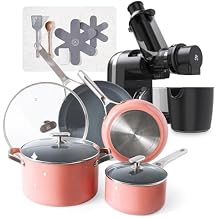 Greater Goods Savvy Ceramic Nonstick Cookware Set, and Cold Press Juicer Bundle Pink/Onyx Black