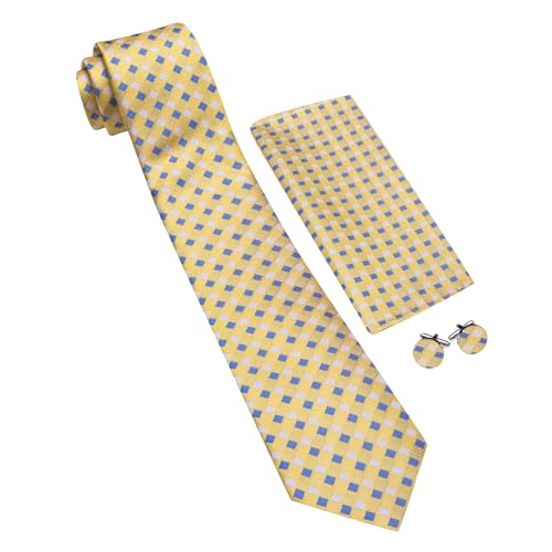 Image of YOHOWA Men Plaid /Striped Ties Set Silk Business Wedding Formal Fashion Necktie and Pocket Square Cufflinks Set