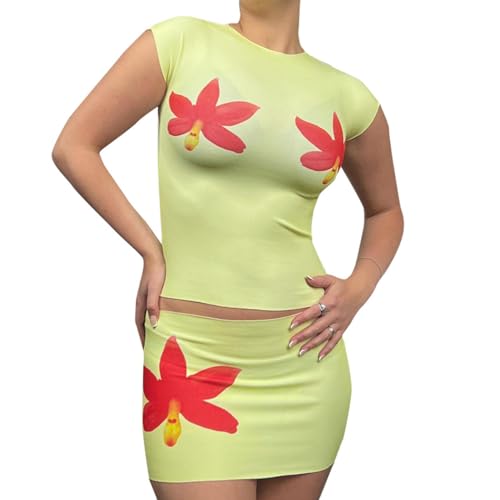 MOLERFO Y2k Outfits 3D Flower Two Piece Sets for Women Going Out Floral Mesh ​Mini Skirt Set