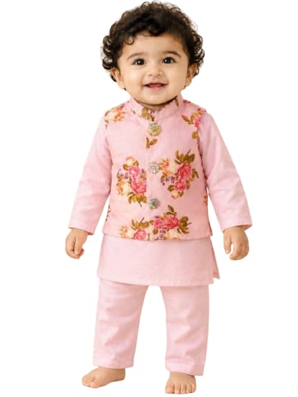 Pspeaches Boys Cotton Full Sleeves Mandarin Collar Floral Print Kurta & Pyjamas With Jacket 3 Piece Set|Ethnic Wear For Cute Baby Boys|Traditional & Festive Outfit-image-28