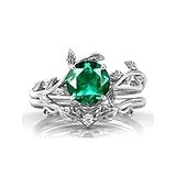 CTIEIP 10K 14K 18K Gold Vintage Vine Simulated Emerald Engagement Ring Set with Diamond for Women Twig Leaf Design Emerald Ring Art Deco Promise Ring Sets for Her