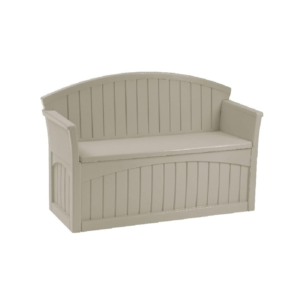 Suncast 50 Gallon Patio Bench with Storage - Decorative Resin Outdoor Patio Bench for Deck, Patio, Garden, Backyard - Ideal for Storing Toys, Cushions, Tools - Taupe ()