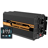 Wechselrichter 2000 W Dauerleistung und die momentane Spitze von 4000 W, es dauert nur wenige Mikrosekunden, um die Leistungsspitzen zu absorbieren, die einige Geräte beim Arbeitsbeginn benötigen. Modifizierter Wellen- oder Rechteckwellenwandler mit zwei USB-Anschlüssen mit 5V / 2,1A Ladung zum Anschluss von Mobiltelefonen oder Tablets.