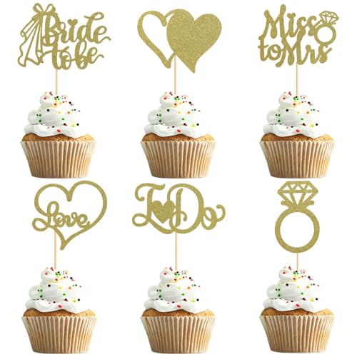 UXYOKM 24Pcs Bridal Shower Cupcake Toppers Gold Glitter Bride to Be Miss To Mrs I DO Love Heart Diamond Ring Cupcake Picks for Wedding Engagement Party Cake Decorations Supplies