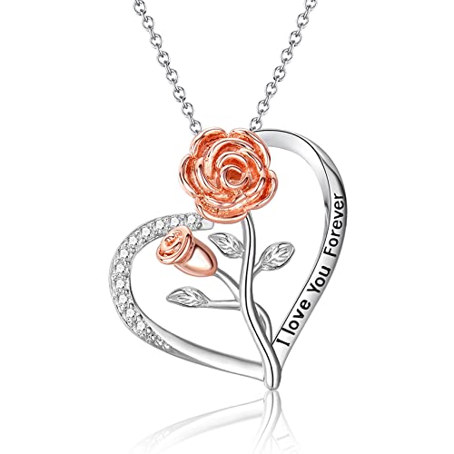 Silver Necklaces for Women, S925 Sterling Silver Chain I Love You Forever Rose Heart Pendant Necklaces for Girlfriend Wife Mum, Romantic Anniversary Christmas Birthday Valentine's Day Gifts for Her