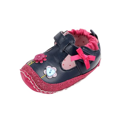 XWANZI Baby Girls Slippers Deep Blue PU Low Cut Bow Flower Button Decoration Fashion Casual Infant Slippers 0-6 Months