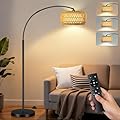 Arc Floor Lamp for Living Room, Rattan Boho Floor Lamp with Remote Control, Black Standing Lamp with 3 Color Temperatures & Dimmable LED Bulb, Tall Lamp for Bedroom, Over Couch Arched Reading Light