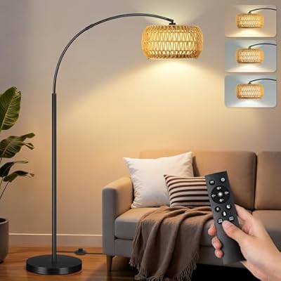 Arc Floor Lamp for Living Room, Rattan Boho Floor Lamp with Remote Control, Black Standing Lamp with 3 Color Temperatures & Dimmable LED Bulb, Tall Lamp for Bedroom, Over Couch Arched Reading Light