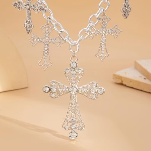 Gold/Silver Multi Cross Statement Necklace for Women Gothic Chunky Chain Choker Rhinestone Crystal Vintage Multiple Cross Charm Necklace Adjustable Trendy Party Religion Jewelry Gift for Women4
