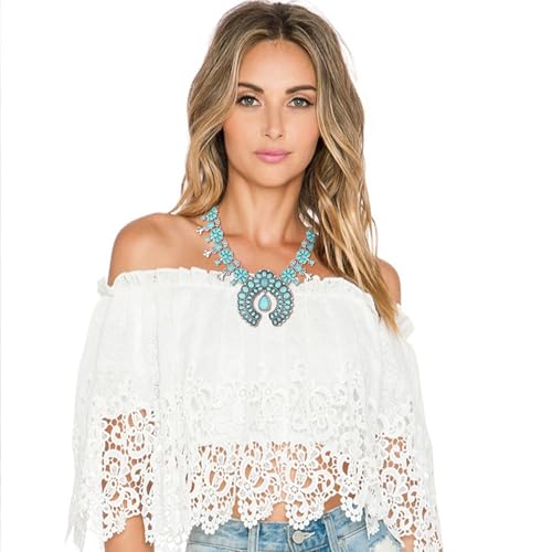 Flyonce Bohemian Turquoise Collar Necklace, Art Deco Flower Costume Statement Necklace for Women2