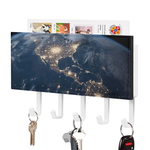 Soporte para llaves de pared con diseño de la Tierra del espacio exterior, organizador de correo adhesivo para llaves con 5 ganchos, sin taladros, colgador de llaves para el hogar, ganchos decorativ