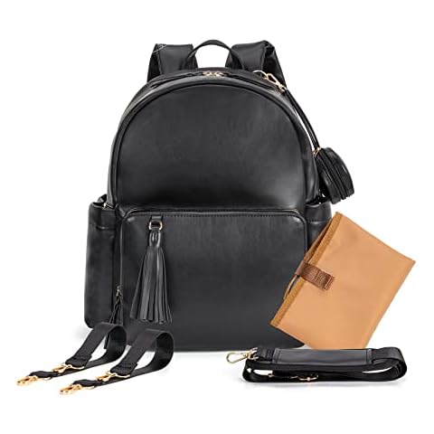 Minsong Fashion Diaper Backpack Bag with Changing Pad, Pacifier Bag, Stroller Straps, Large Capacity Leather Diaper Bags, Black, L, Daypack Backpacks Cover