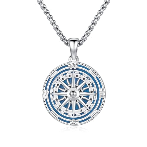 Collier boussole en argent 925 sterling pour homme avec pendentif bleu élégant