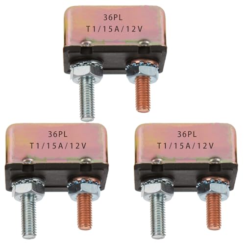 BUSSALIX E511 Automatic Reset Circuit Breaker 5-50A 14V DC Stud Type Metal Shell Overload Protection for Cars RVs Trucks and Motorcycles (15A-3PACK)