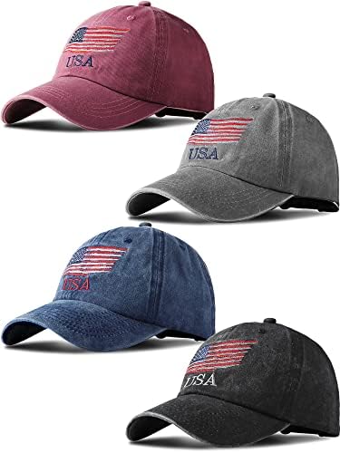 HTVSHEE 4 Pieces American Flag Baseball Caps USA Flag Patriotic Tactical Hat Patriotic Flag Pride Caps for Men Women Outdoor Sport (Wine Red)