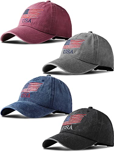 Image of 4 Pieces USA Flag Hat American Patriotic Baseball Cap Tactical Hat for Men Adjustable Cotton Dad Hat Women Teens
