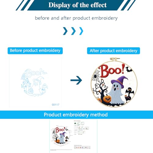 Image of Zhenqing Halloween Ghost Embroidery Kit for Beginners, Cute Boo Needlework Kit with Pre-Printed Cotton Fabric, 20cm Hoop, Threads & Tools, Spooky DIY Wall Decor (C0117)