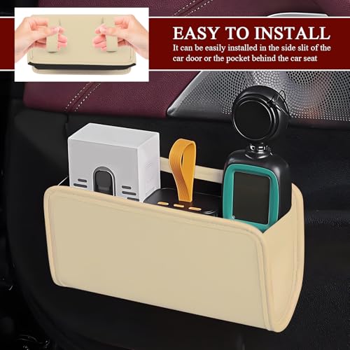 Image of Hovom Car Trash Can, Leather Waterproof Automotive Garbage Can with Trash Bag, Hanging Mini Vehicle Trash Bin, Small Auto Door Organizer Storage Pouch, Universal Car Accessories (Beige)