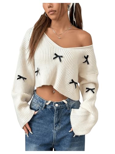 Milumia Women's V Neck Long Sleeve Cute Bow Sweaters Off Shoulder Knitted Crop Solid Pullover