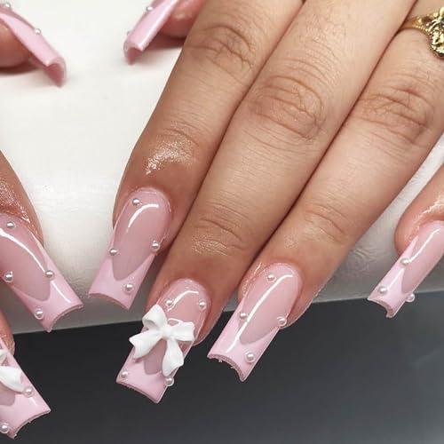 Pearl Press on Nails Pink French Tips Long Fake Nails