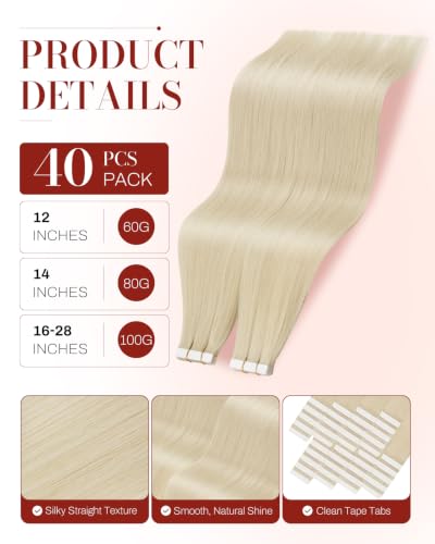 Image of Moresoo Platinum Blonde Tape in Extensions Human Hair 24 Inch 40Pcs 100g | Invisible tape in hair extensions human hair, full-volume set, extra-long strands for travel, photo shoots and events