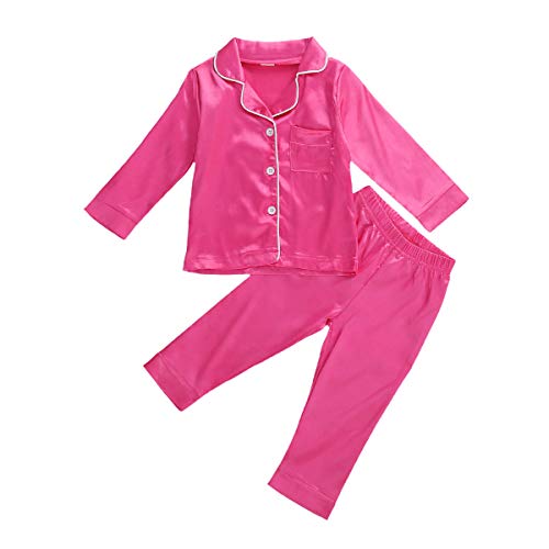 Toddler Baby Girl Boy Silk Pajamas Set Solid Long Sleeve Button Down Shirts Tops and Pants Satin 2PCS Pj Lounge Sets