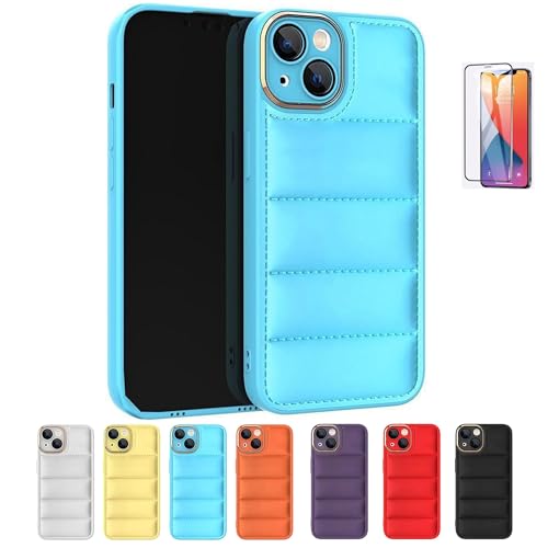 CAVAJPシリーズ ダウンジャケット スマホケース iPhone 11/12/13/14/15 Pro/16 Pro Max用 強化ガラススクリーンプロテクター付き 7色展開 韓国デザイン クッション性 軽量 耐衝撃性 ソフトレンズ保護 (ブルー,iPh