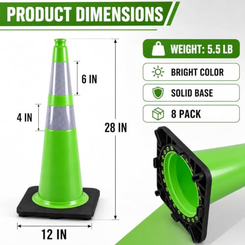 Image of BESEA 8 Pack 28 Inch Green Traffic Cones with Wide Weighted Base